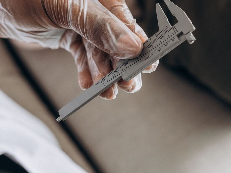 Gloved hand measuring an instrument with a precision caliper