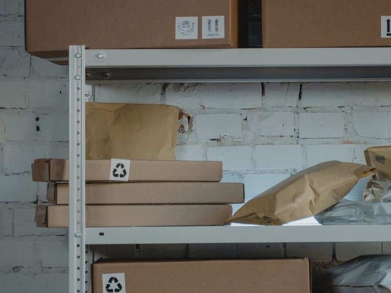 Cartons with fragile labels stored on warehouse shelving